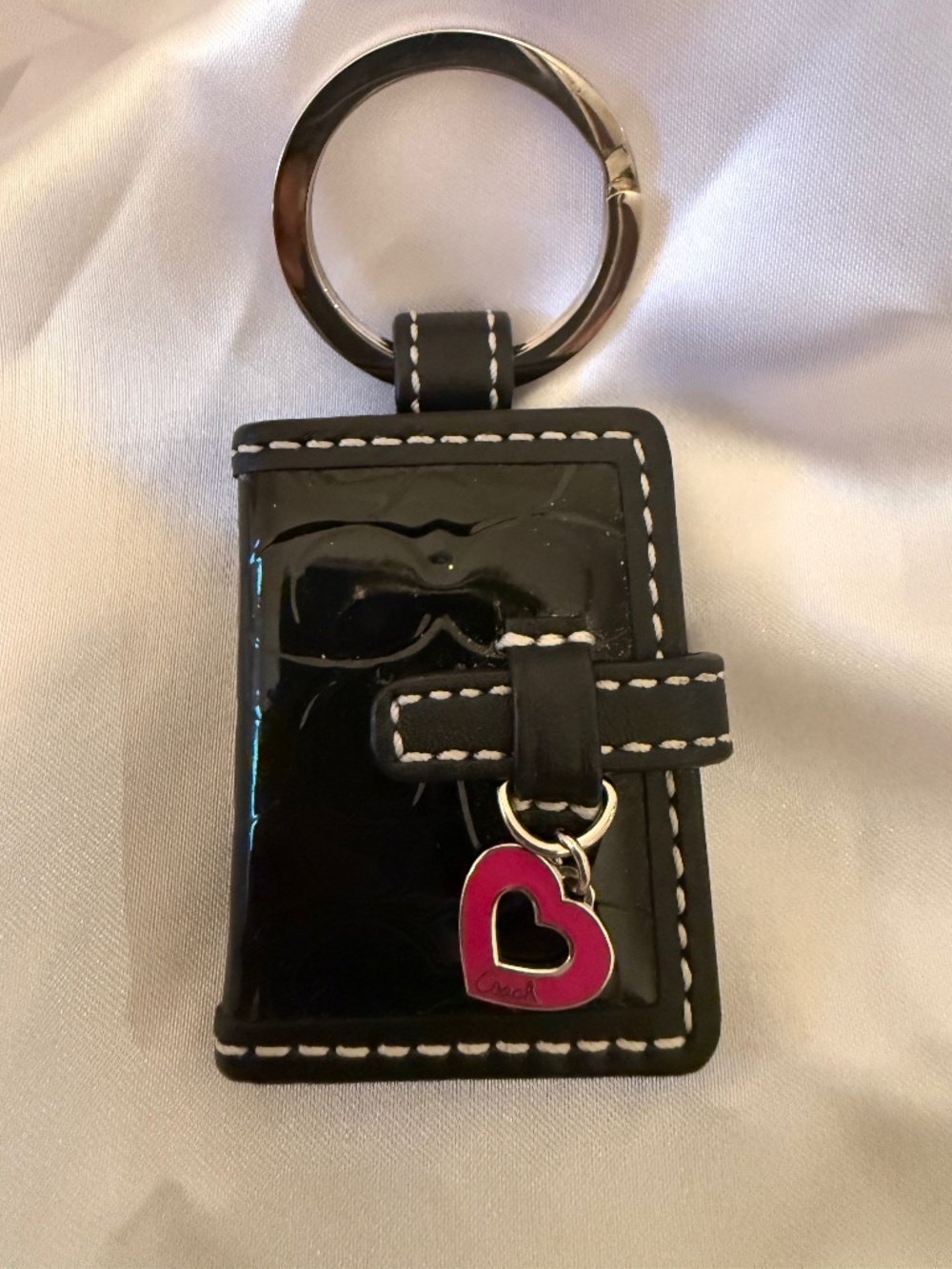 Coach Vintage Black Photo Keychain with Pink Heart Charm